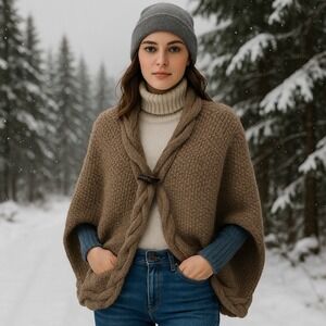 SOL Peru 100% Baby Alpaca‎ Knit Poncho Cape Shawl Toggle Wrap Boho Alpina EUC